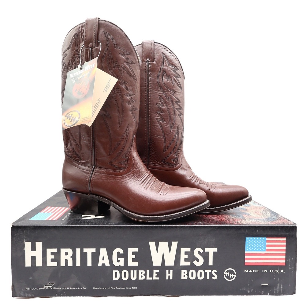 Double H Vintage 90s Western Boots Mens 8.5 D Brown Leather Cowboy 3222 USA NIB